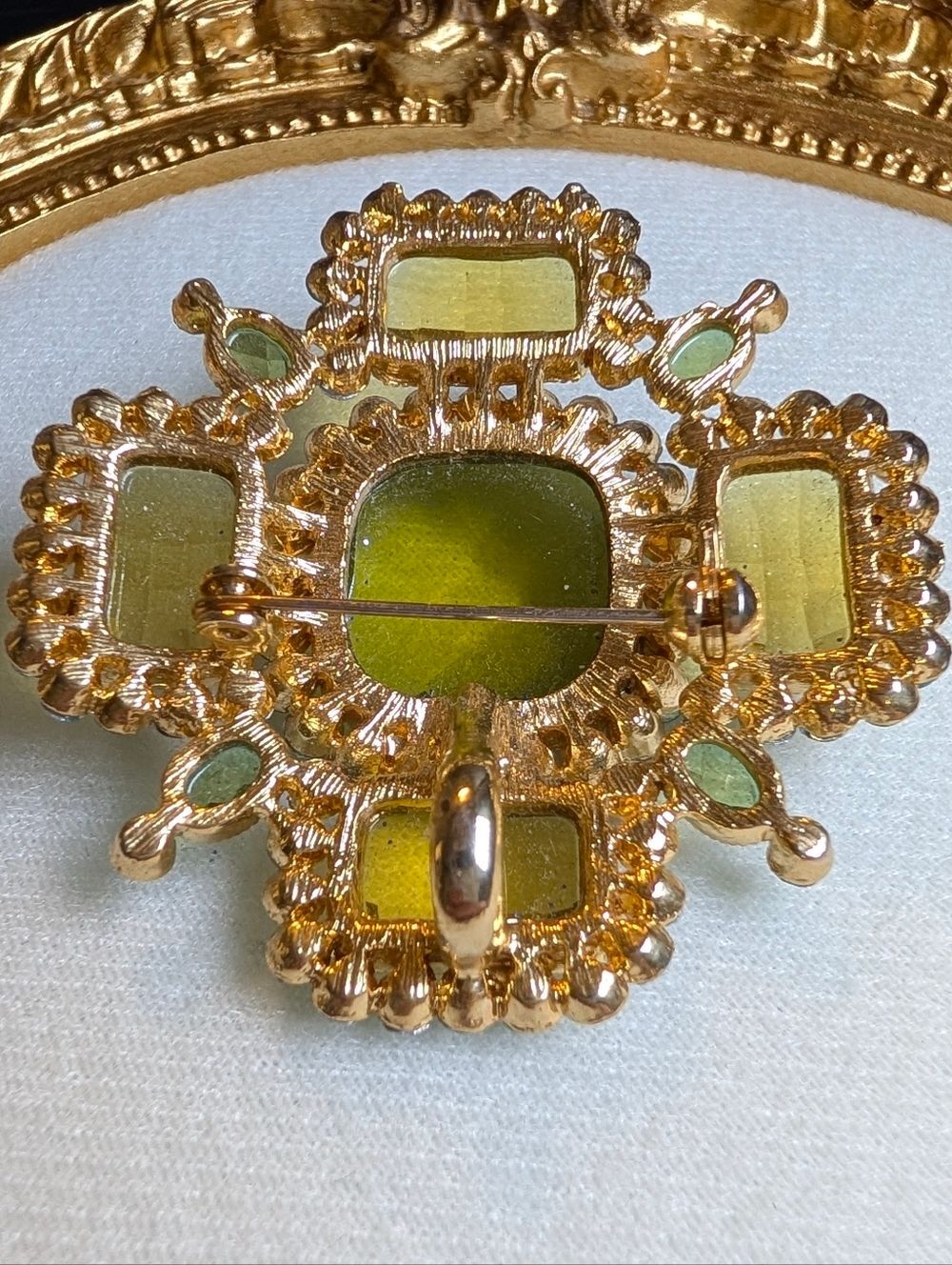 Gold Blue Rhinestone Statement Brooch Large Green Glass Cabochon Pin Glam Gift - Picture 5 of 7